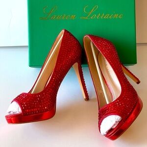 Lauren Lorraine Red Rhinestone Stiletto Heels Bridal Prom Formal Dress Pump 8.5M